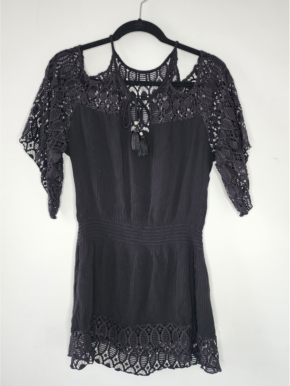 Rebecca Virtue Black Boho Crochet Lace Cold Shoulder Dress Size S/Petit